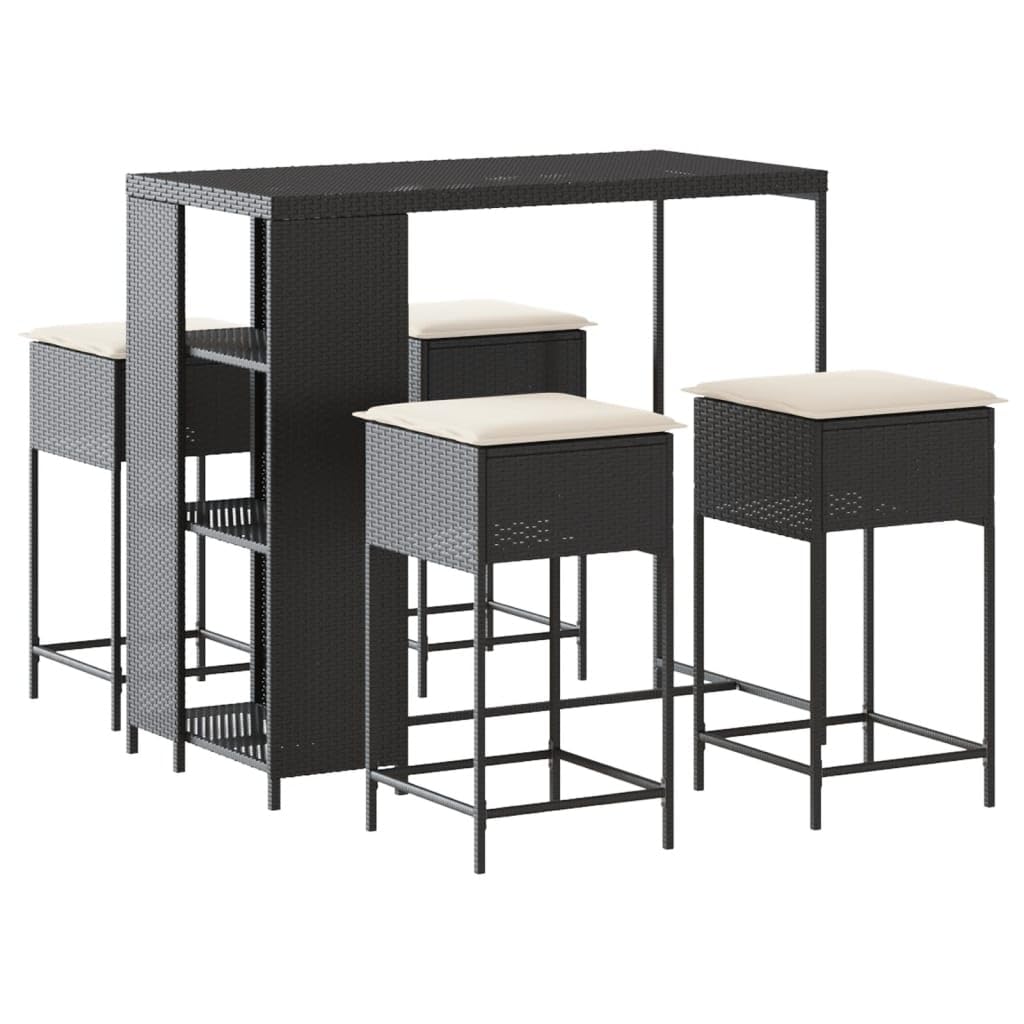 vidaXL Juego de Bar de jardín de 5 Piezas con Cojines ratán PE Negro, Mesa Alta y taburetes de Exterior, Juego de Bar, Juego de Muebles
