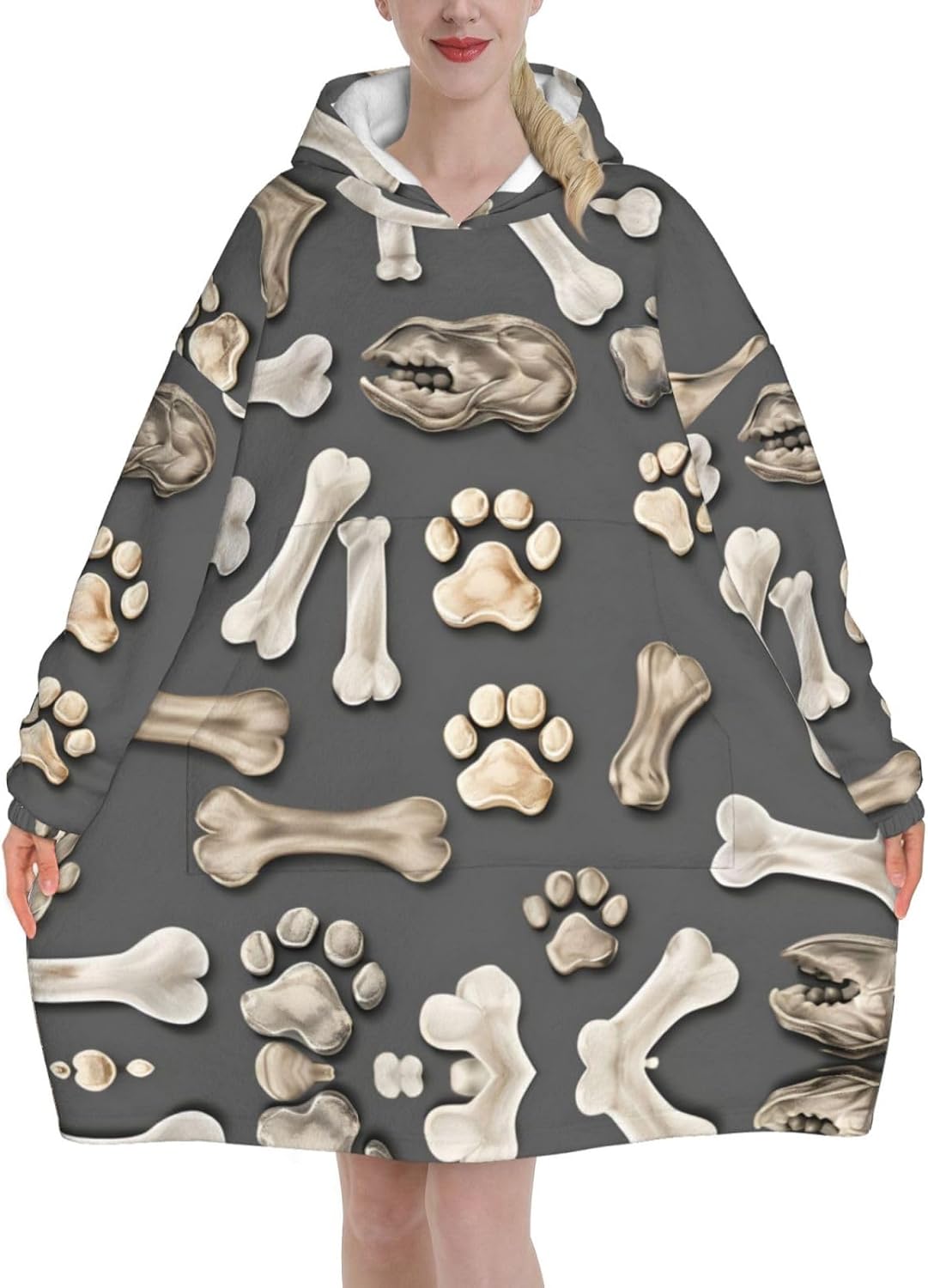 Dog Bones Paw Print Cozy Oversized Hoodie Blanket Soft And Warm Winter Gift For Adults Christmas