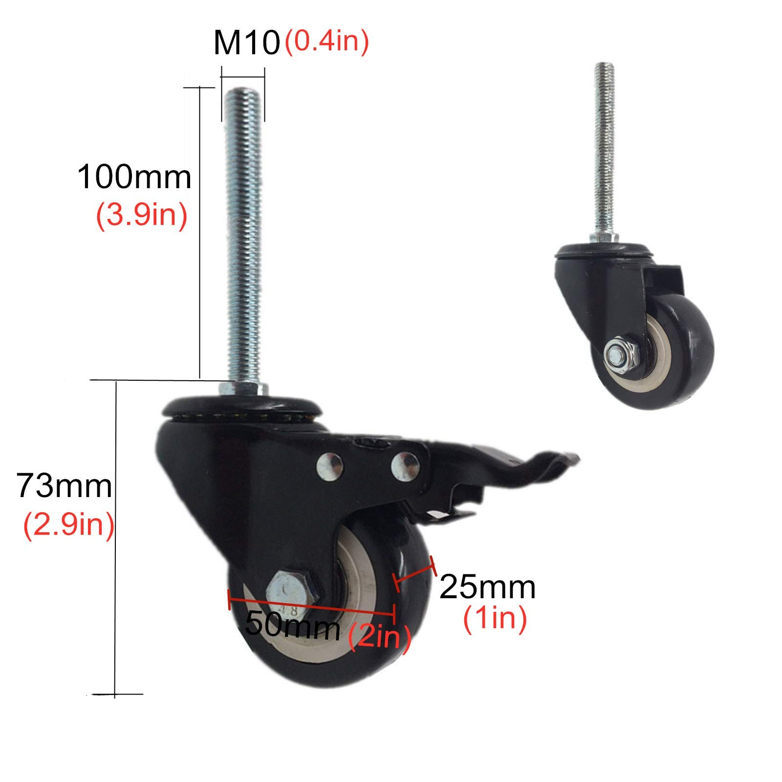 roulettes à Tige pivotante de 50 mm avec Tige filetée M10 × 100 mm, Remplacement d'établi, polyuréthane pour Petites étagères et Meubles, Double roulement, Charge 150 kg, Lot de 4 (Frein)
