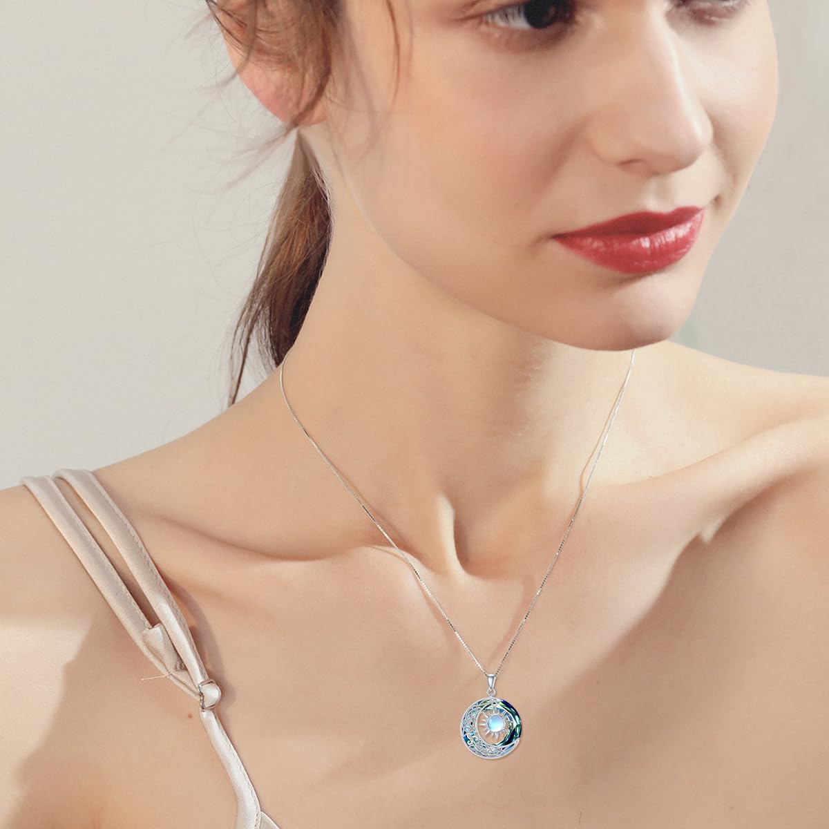 REDSUN Collana con ciondolo a forma di luna e sole, in argento Sterling 925, motivo celtico, con pietra di luna e sole, gioiello regalo per donne e ragazze