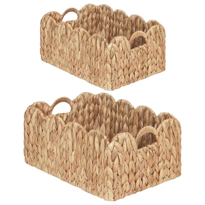 iEGrow Scalloped Wicker Basket Set of 2 Woven Rattan Natural Water Hyacinth Baskets with Built-in Handles Rectangle Storage Baskets for Organizing Decor Shelf and Nursery Room