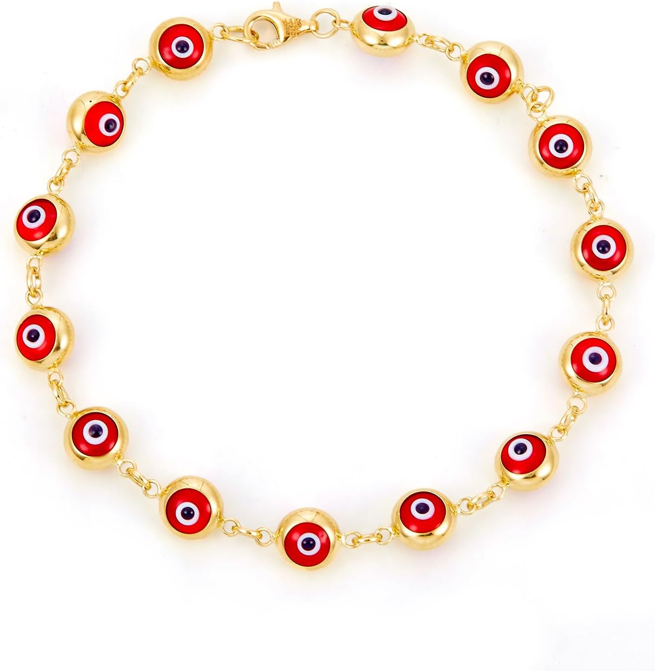 14k REAL Yellow Gold Blue & Red Evil Eye Bracelet - 7.5"