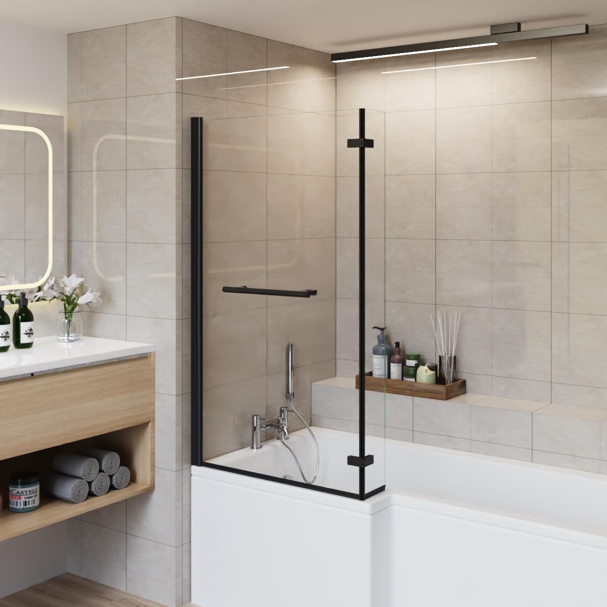Aquariss Square Bath Shower Screen 6mm Safety Glass Easy Clean Panel Frameless 180 Degree Pivot Screen Black with Towel Rail 810x1400mm
