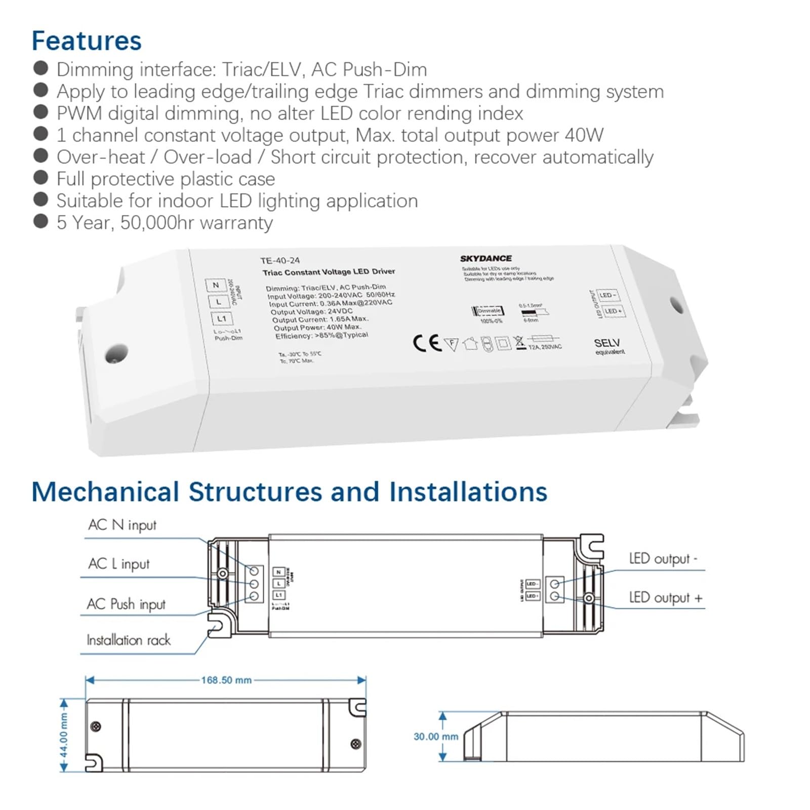 Triac LED Driver Dimmerabile Tensione Costante 1CH 40W AC 220V a 12V 24V PWM Dimmerazione Digitale per