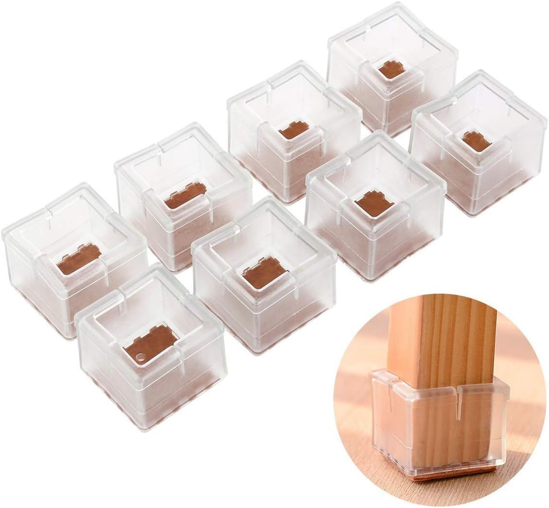 FABSELLER Transparent Square Chair Table Leg Caps, Rubber Feet Cups Pads Table Covers Wood Floor Silicone Protectors Furniture Feet Covers (8Pcs)