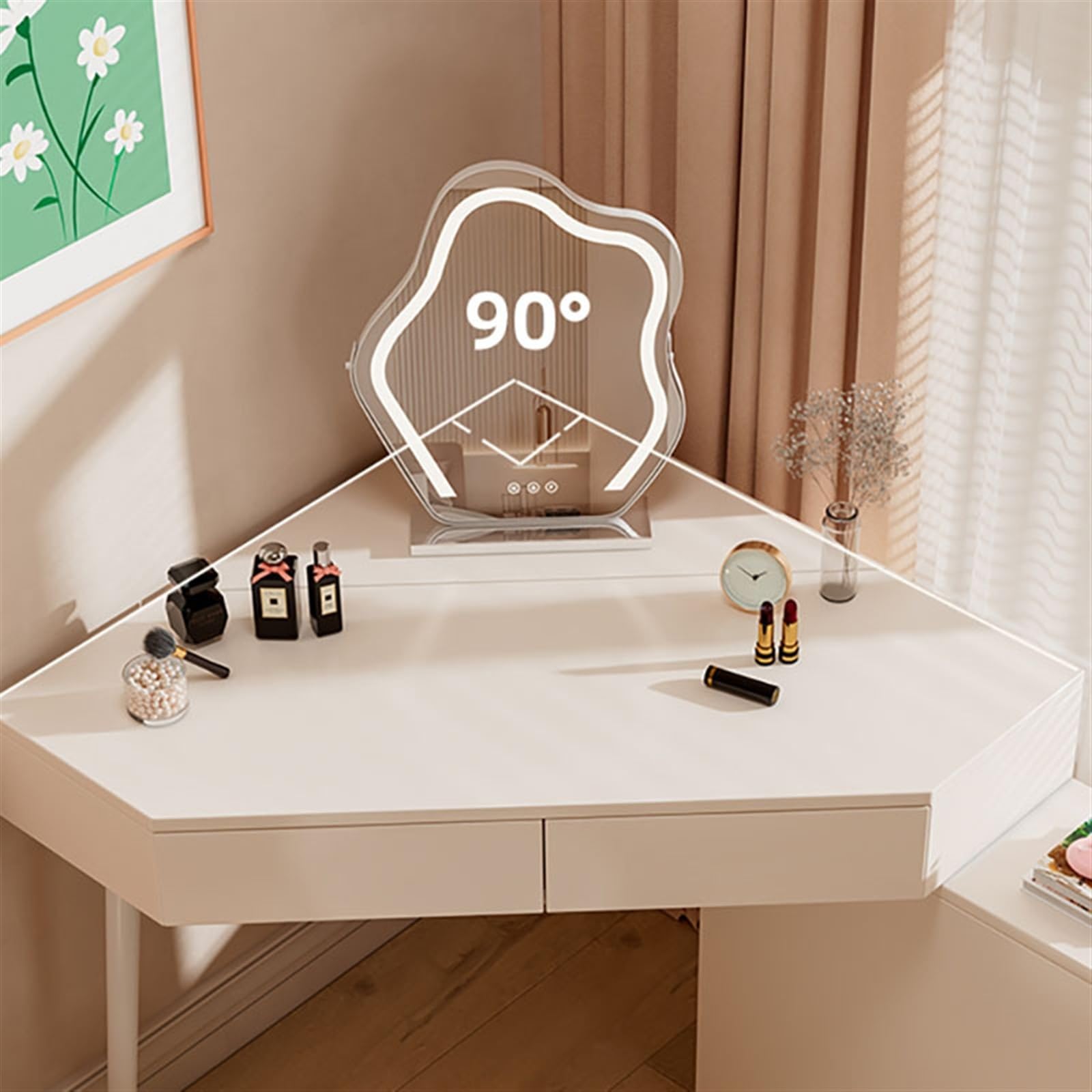 scrivania Vanity Desk moderno, tavolo da toilette ad angolo bianco, scrivania for trucco for piccoli spazi con specchio e 5 cassetti Gabinetto degli organizzatori(Piccolo)