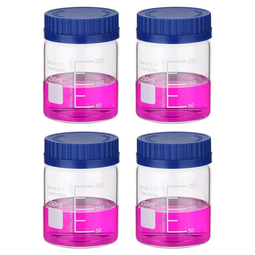 CTRLZS 4 Pack Reagent Media Storage Bottles, 250ml Borosilicate Glass Wide Mouth Graduated Round Bottles with GL32 Cap