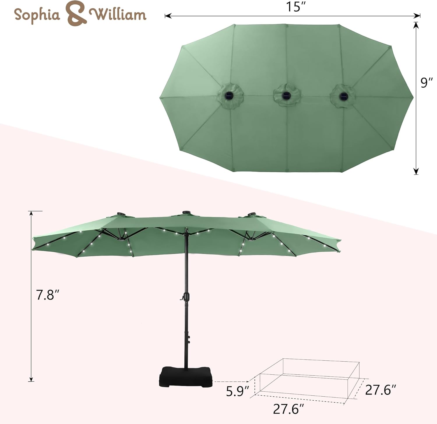 Sophia & William 15 ft Extra Large Patio Umbrella with Solar Lights, Rectangular Outdoor Umbrella with Base Included, Market Umbrella Double-sided Heavy Duty for Pool Garden Backyard, Mint