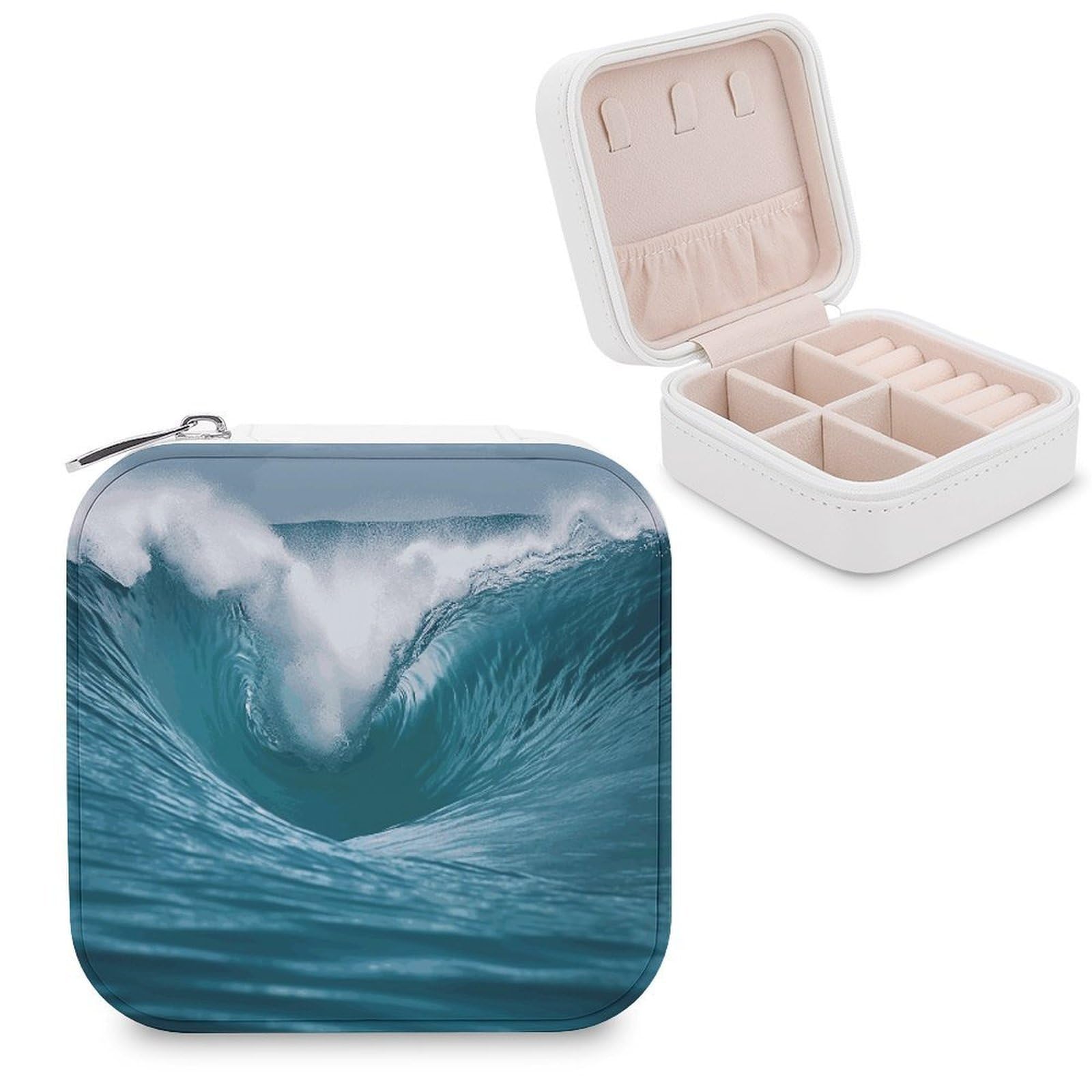 MUSM Ocean Wave Travel Jewelry Case Personalized PU Leather Jewelry Boxes for Women Small Portable Jewelry Organizer Box Cute Trinket Box for Necklaces Rings Earrings & Gifts