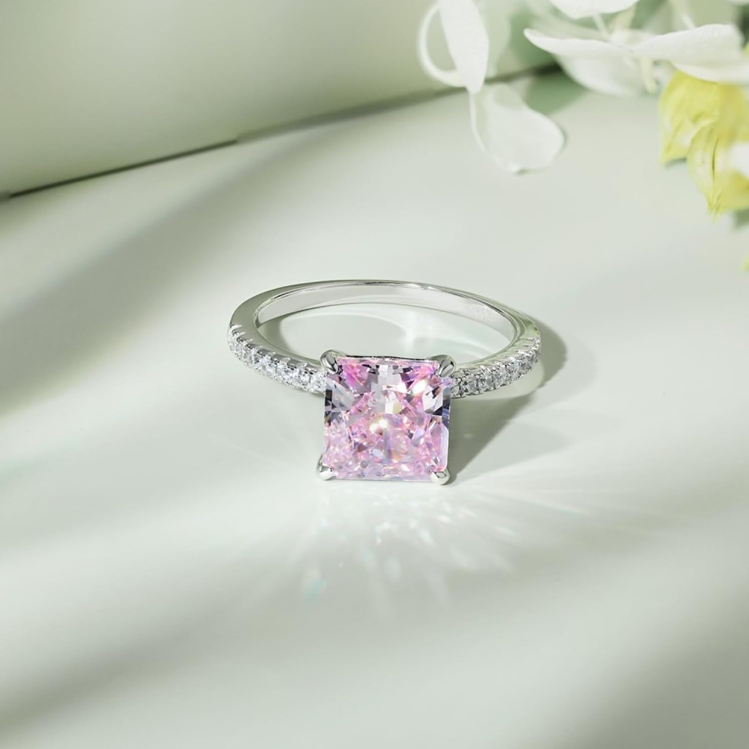 3CT Radiant Cut Lab Grown Diamond Ring for Women, 18K White Gold Plated Rings for Wedding Anniversary Engagement, D Color VVS1 Clarity Sterling Silver Band Simulated Ring Band Premium Collection