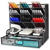 Wellerly Mesh Desk Organizer, Pencil Holder, Multi-Functional Desktop Organizer Collection - 9 Compartments with A Storage Rack & Drawer - Markers Pen Holder for Office School Home Supply - Black
