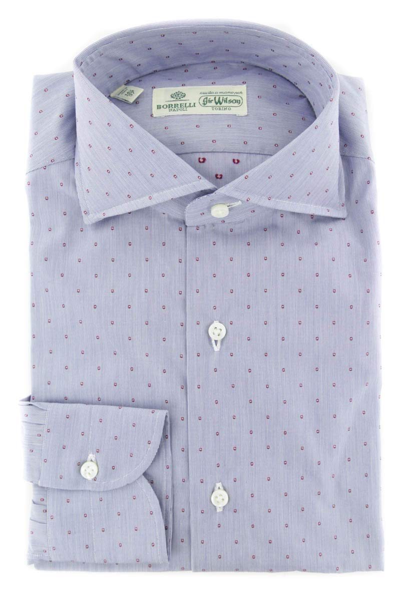 Luigi Borrelli Blue Polka Dots Button Down Spread Collar Cotton Slim Fit Dress Shirt Size Small 15 5