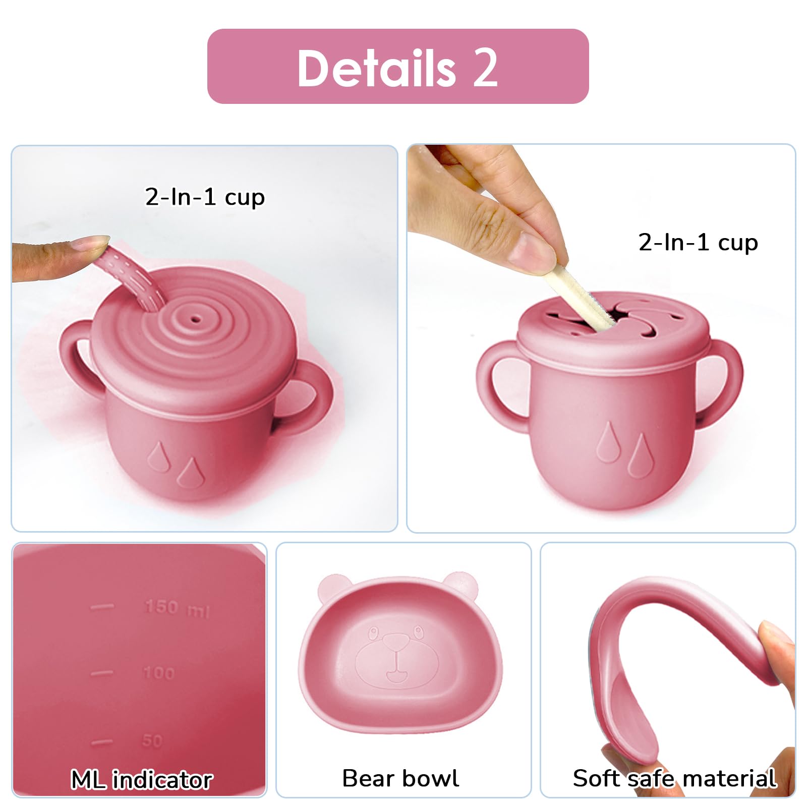 Set Pappa per Bambino, 14 Pezzi, Set Pappa Svezzamento per Bambini in Silicone, Senza BPA, Antiscivolo con Ventosa Piatto Cucchiai Ciotola Tazza Bavaglino (Rosa scuro)