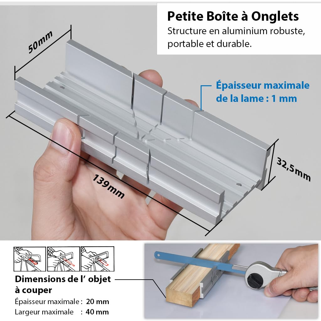FIRSTINFO H5442 | Petite boîte à onglets en aluminium métallique | 3 Angles de Coupe | 140 x 50 x 33 mm