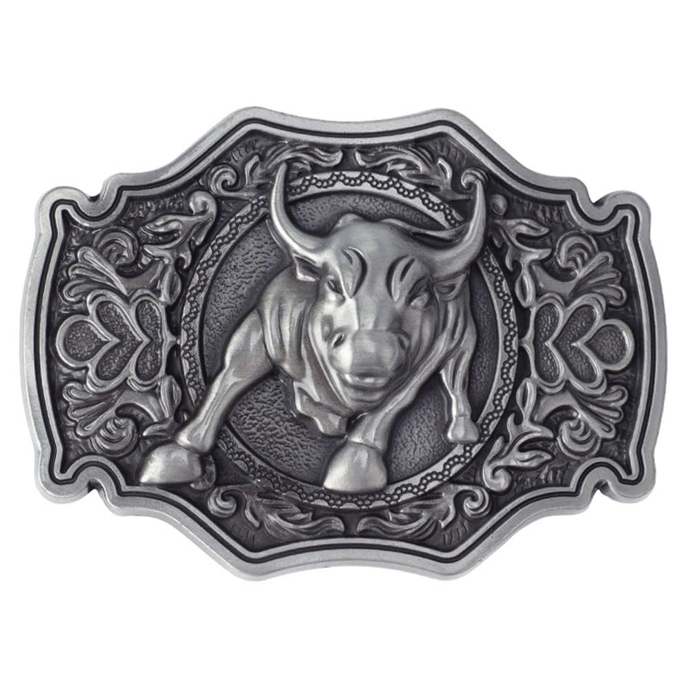 QinhBting Vintage Style Alloy Belt Buckle Western Cowboy Fashion Long Horn Bull Belt Buckles Holiday Gifts,Grey