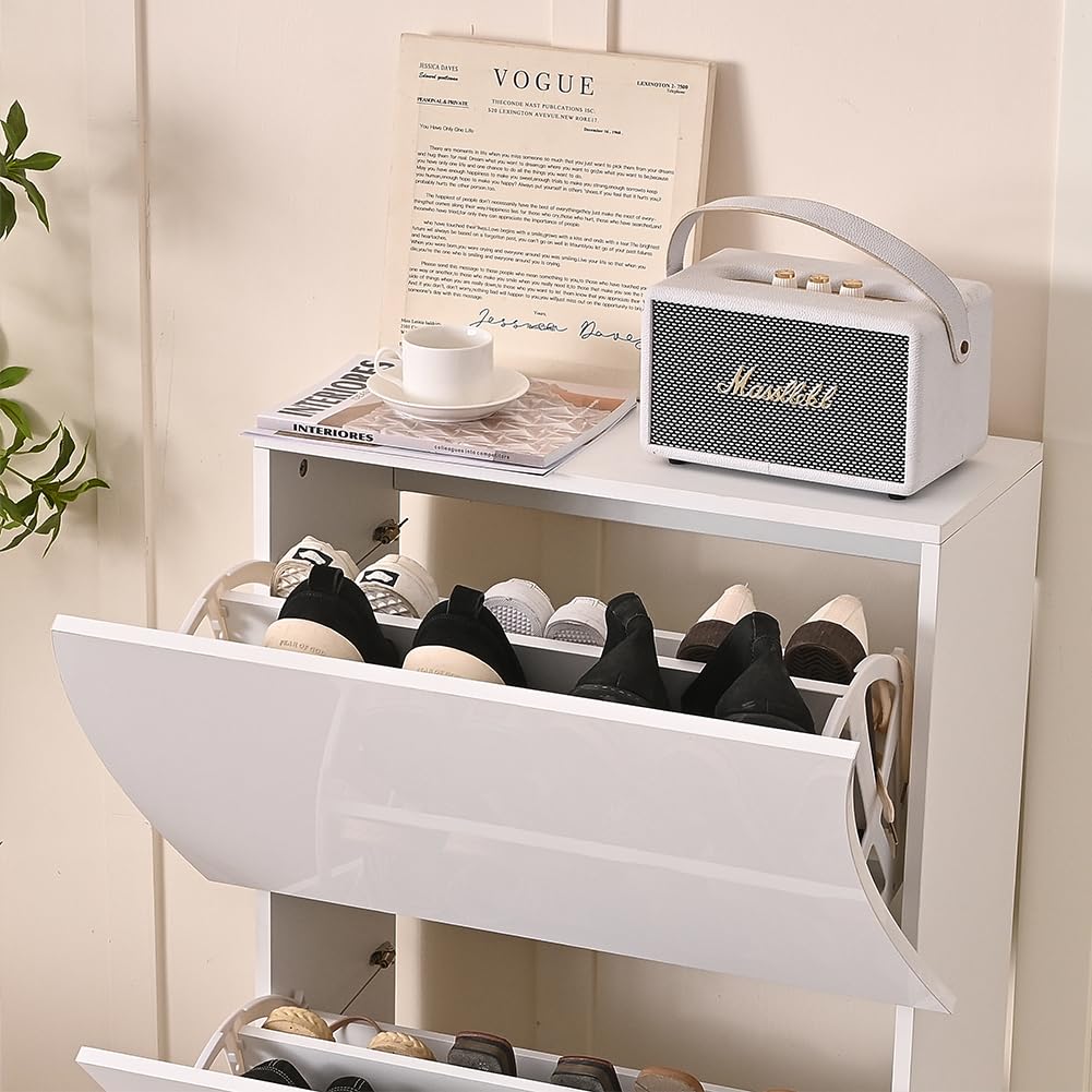 Shally Dogan Scarpiera Ondulata in Legno con Finitura Lucida Bianco, Porta Scarpe Salvaspazio con Ante a Ribalta Doppia Profondità, Portascarpe Slim per Ingresso, Cameretta, Soggiorno (3 Ante)