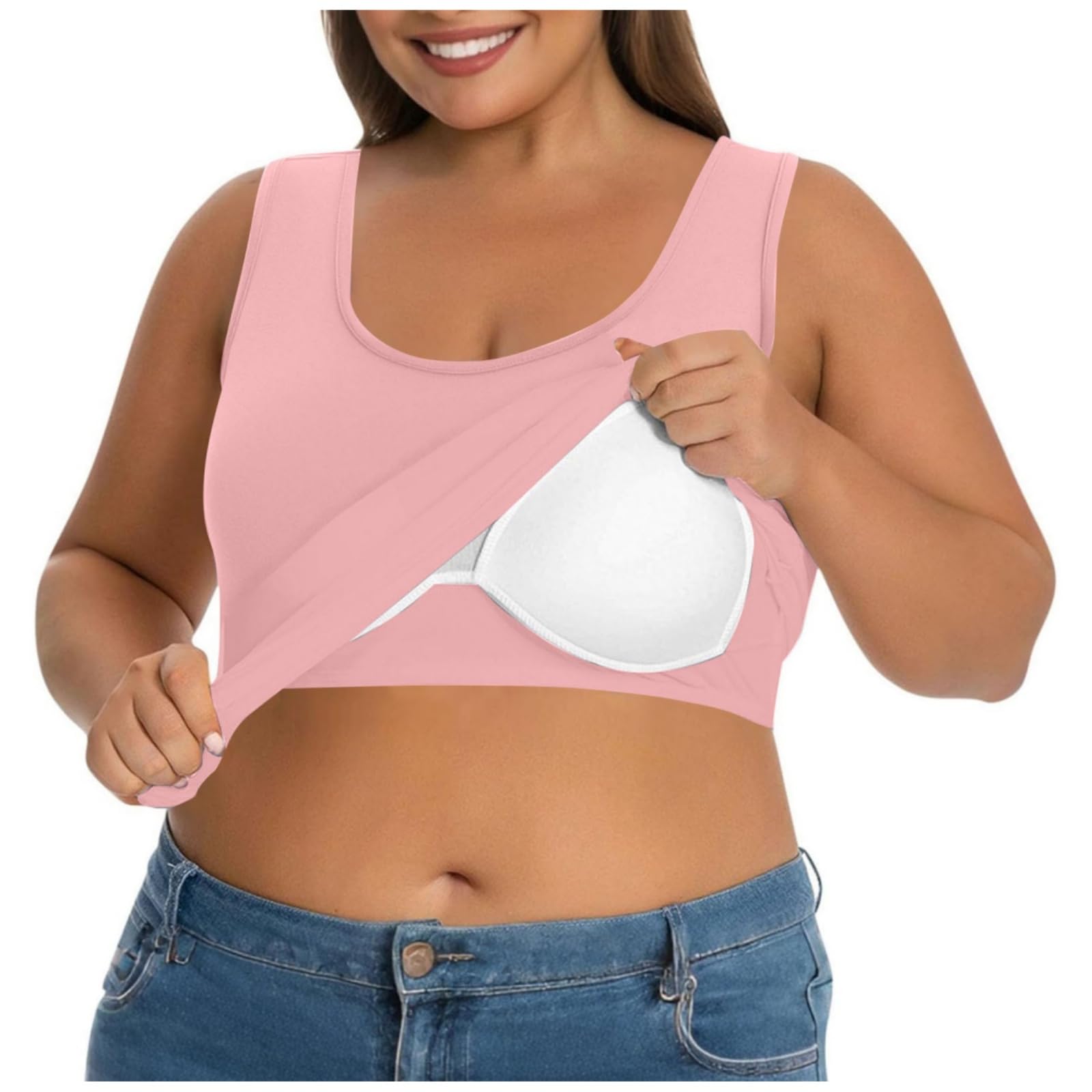 Tank Top Damen BH Hemdchen Ohne Bügel,U Ausschnitt Ärmelloses Shirt Einfarbig Yoga Trägertop,Sommer Oberteil Große Größen Unterhemd mit BH Integriert,Lässige Sporttop Basic Achselshirt für Frauen
