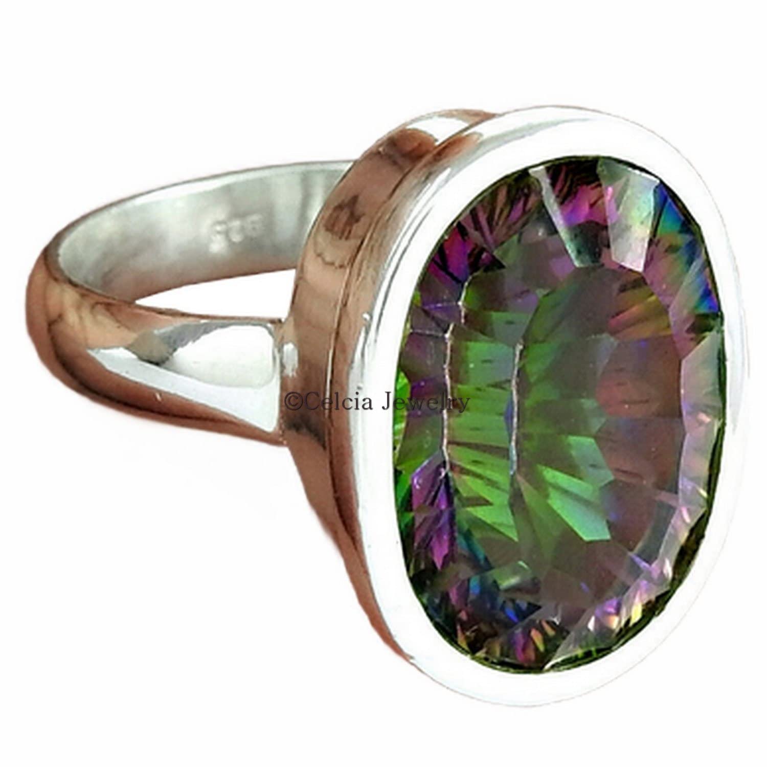 Joyería fina hecha a mano con topacio místico natural, anillo regalo para mujer de plata de ley 925 maciza, regalos de aniversario únicos para esposa, anillo bodas