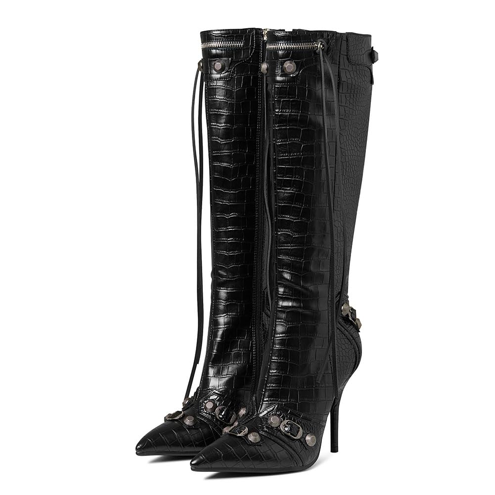 Oiamenne Knee High Boots for Women Fashion Slide Zipper Pointed Toe Stiletto Studded High Heel Rivets Tassel Boots Party Dress Shoes