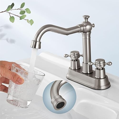 Miniatura 2 de Aolemi Grifo de lavabo de baño de níquel cepillado de 4 pulgadas, juego central montado en la cubierta con 2 asas cruzadas, grifo mezclador vintage,