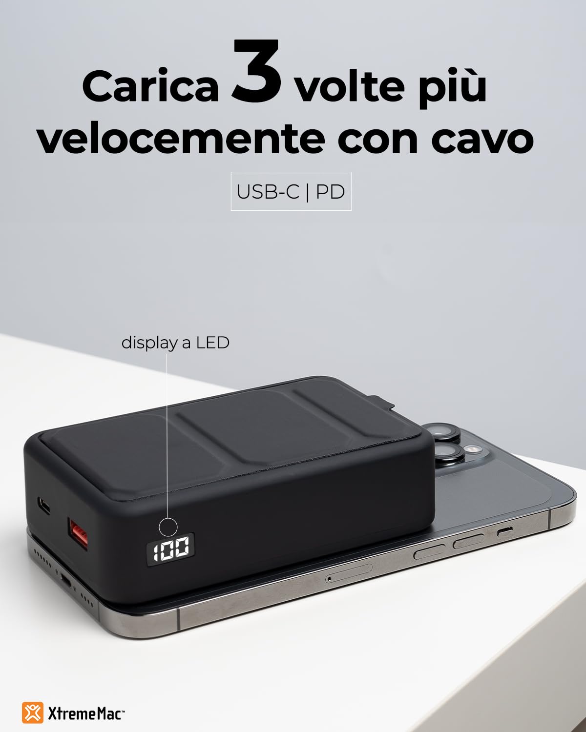 XtremeMac Magsafe Powerbank 20000mAh, Batteria esterna magnetica per iPhone 15/14/13/12 serie, USB-C, USB-A e Powerbank wireless con ricarica rapida, Mini Power Bank PD 20W, Potente, Nero.