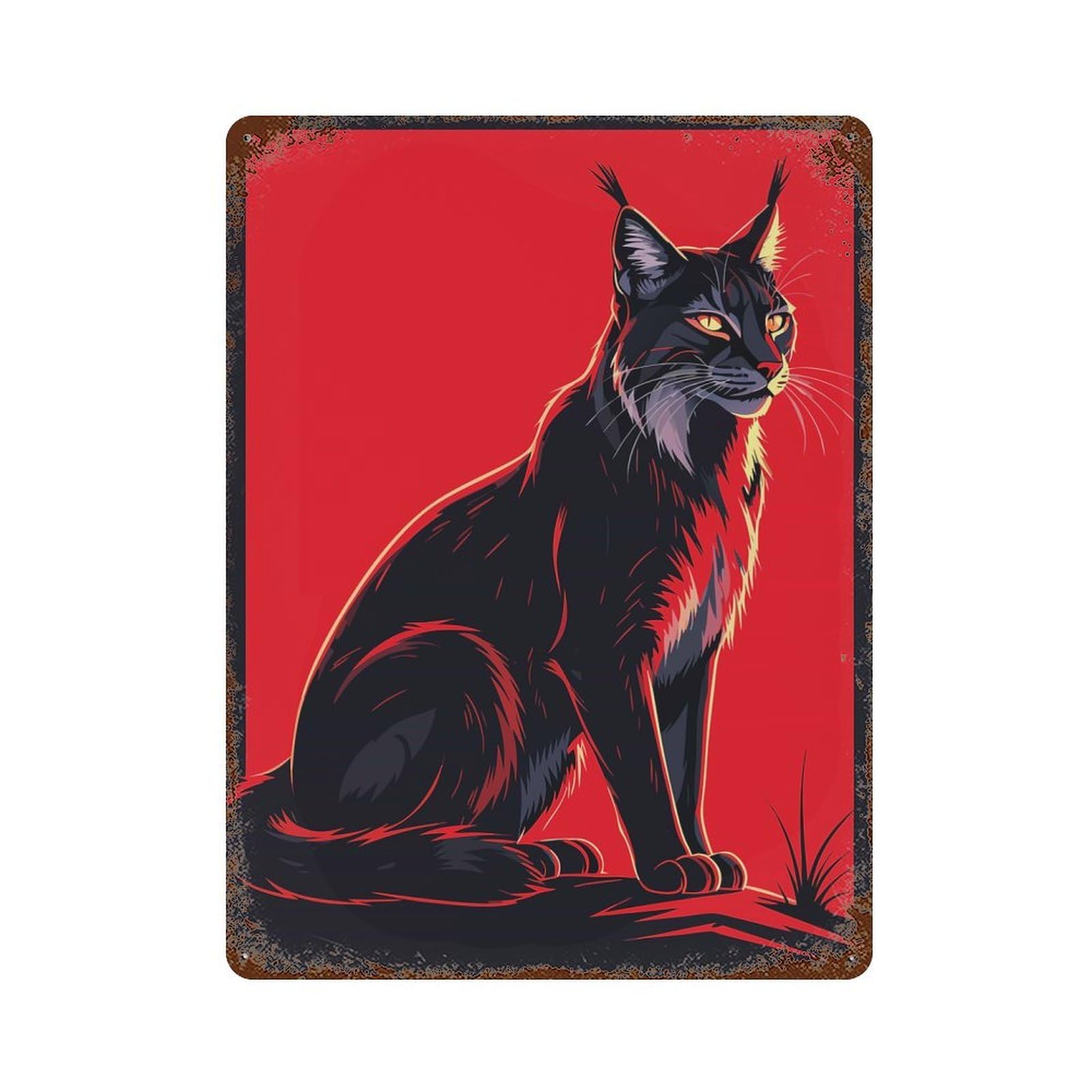 Lynx Portrait on Red Background Weathered Tin Sign 15.7"x11.8", Novelty Wall Decor for Garage, Pub Or Kitchen