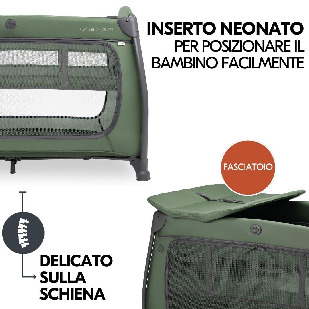hauck Lettino da Viaggio Play N Relax Center con Materasso e Zanzariera, Lettino Campeggio Neonato con Fasciatoio, Inserto Neonato, Ruote e Borsa Trasporto, Verde Scuro