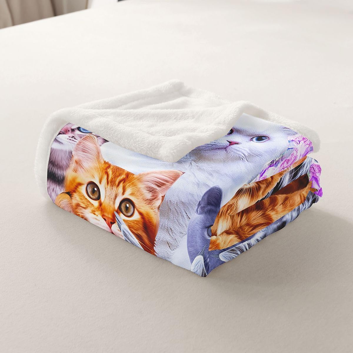 Feelyou Cute Cat Sherpa Blanket Pet Funny Cats Toddler Fleece Throw Blanket for Kids Boys Girls Lovers Cat Floral Purple Fuzzy Blanket for Sofa Bed Couch Feline Animal Lovely Decor,Queen 90x90 Inches