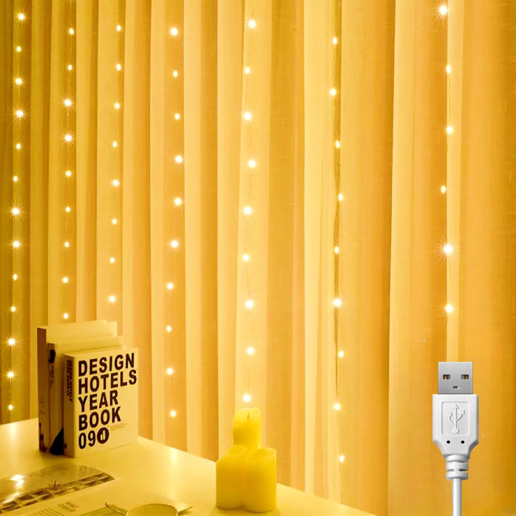 Cortina de Luces, 1M×1M 100LED USB Cadena de Luces,Temporizador Brillo Ajustable,Guirnaldas Luminosas para Fiestas,Navidad,Bodas,Ventanas,Interior(Blanca Cálida)