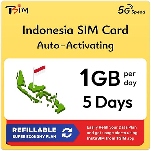 Tarjeta SIM de Indonesia 5 días 1GBdía Activación automática Hotspot permitido Sin número de teléfono Plan recargable a través de la aplicación