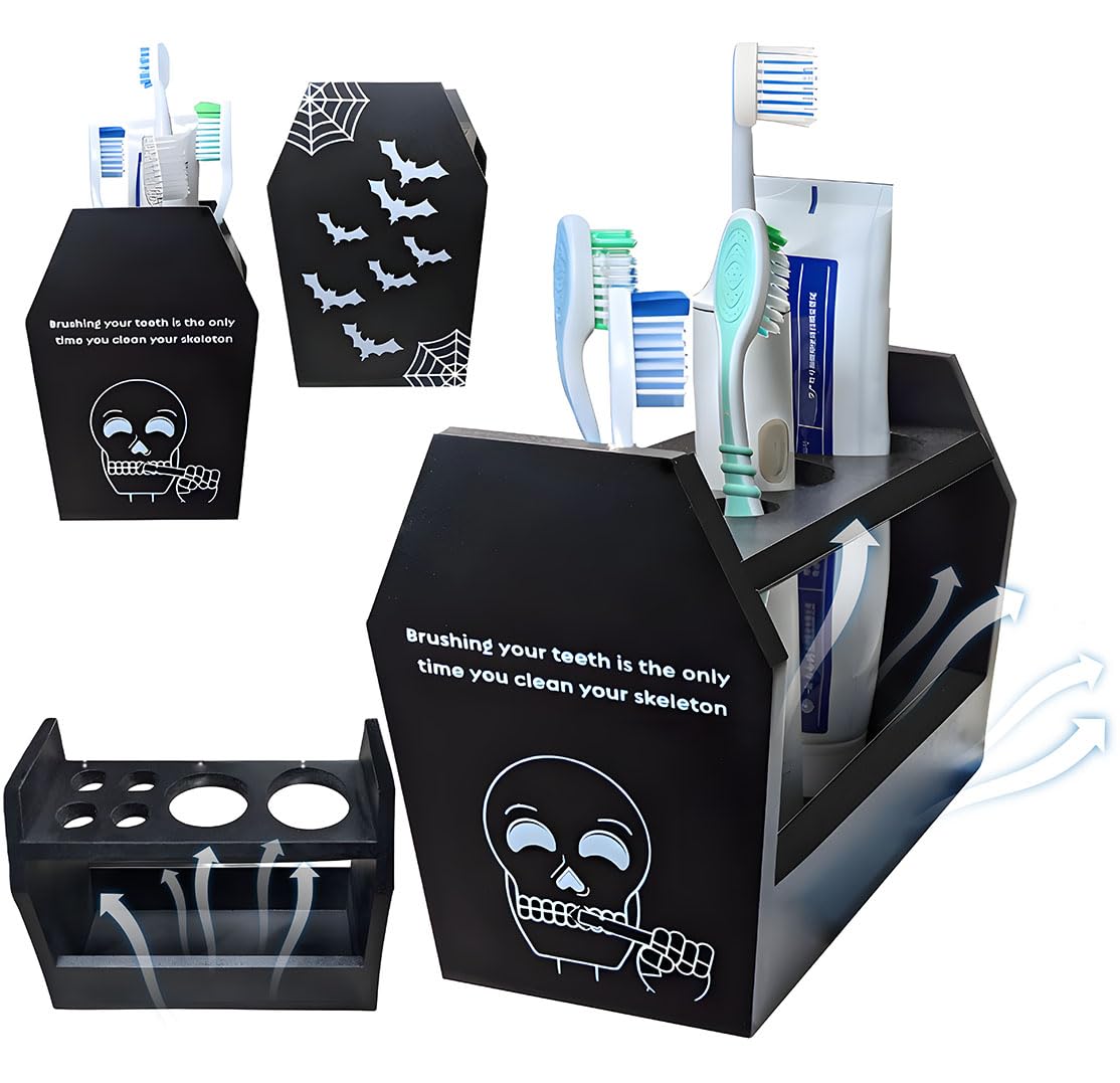 Halloween Gothic Bathroom Decor - Spooky Goth Coffin Toothbrush Holder Sides Wide Open Quick Dry, Roomy Space, Horror Bats Skull Design