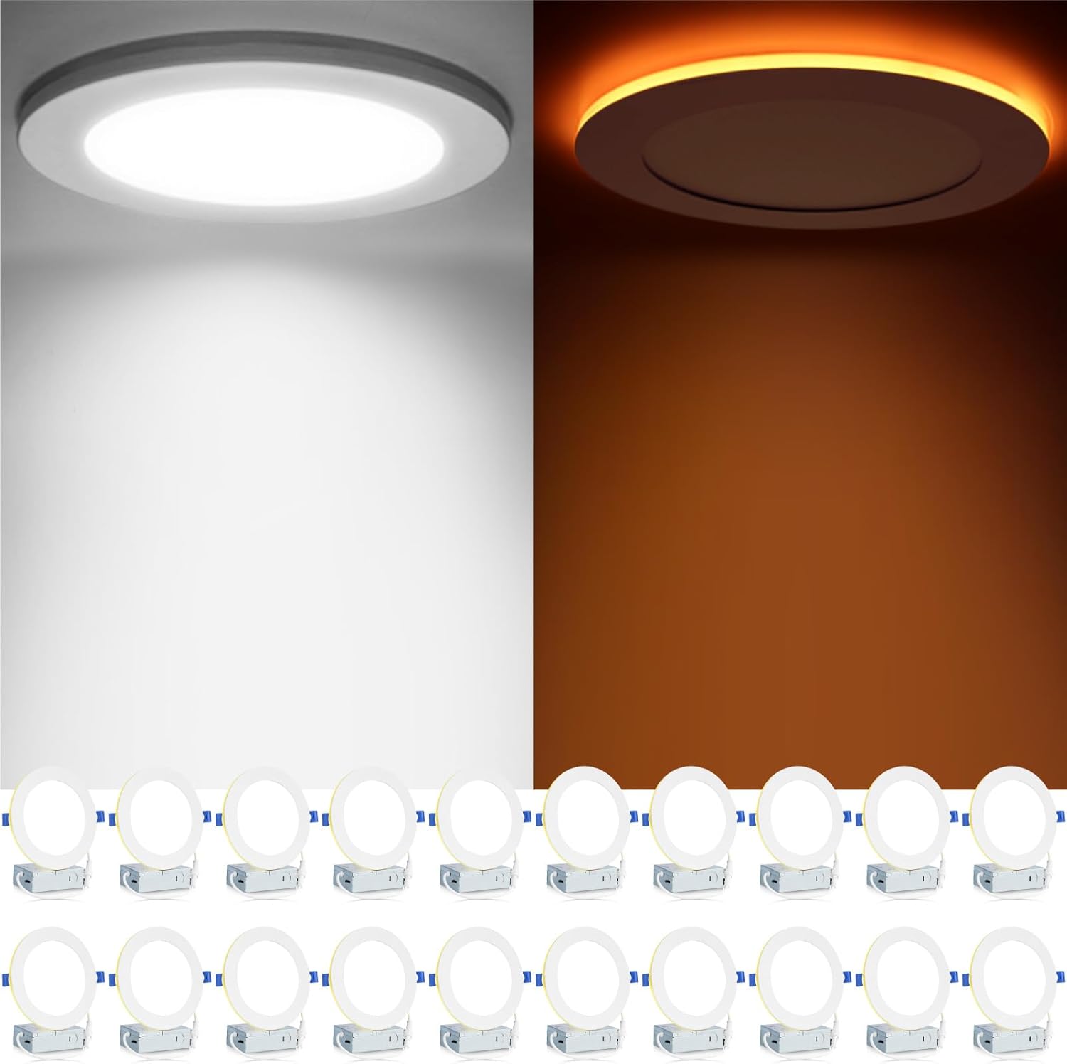 Meconard 20 Pack 6 Inch 5CCT LED Recessed Ceiling Light with Night Light, 2700K/3000K/3500K/4000K/5000K Selectable Ultra-Thin Lighting, 12W=110W, 1050LM, Dimmable Canless Wafer Downlight ETL&FCC