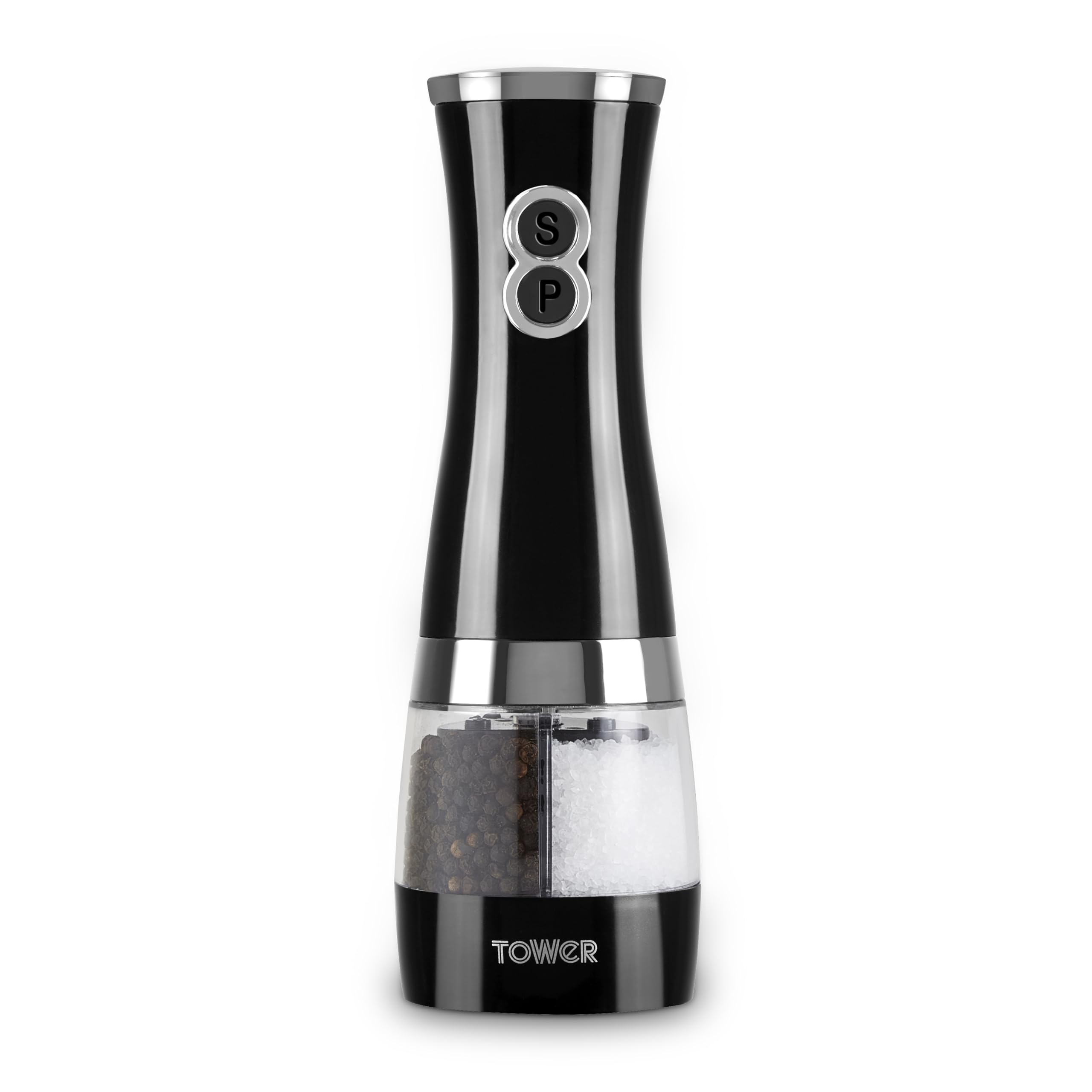 T847004B Electric Salt and Pepper Mills, Battery Operated with Adjustable Ceramic Grinders, Black and Chrome