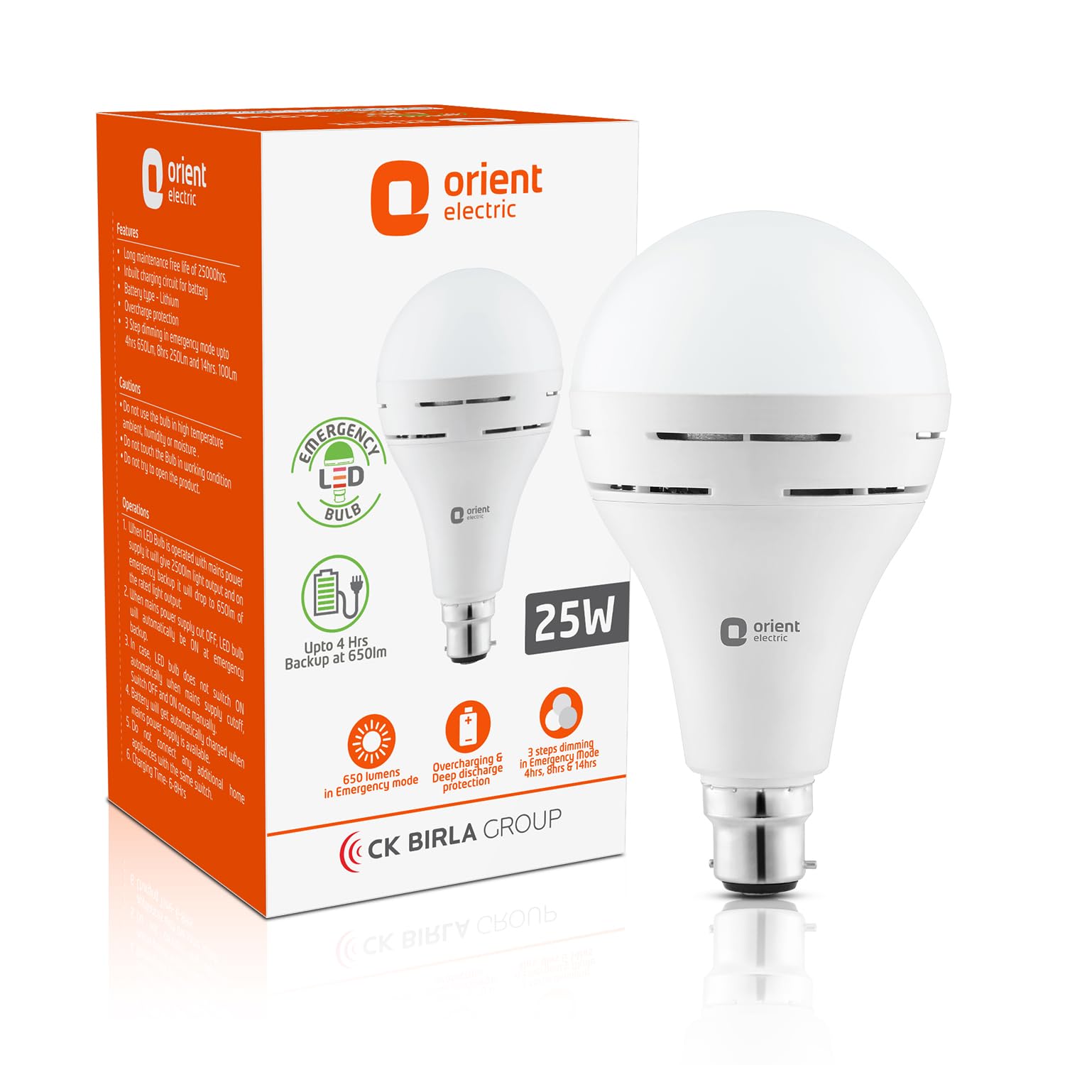 Orient Electric 25 W Emergency Inverter Rechargeable LED Bulb | Cool Day Light (6500K) | Energy Efficient | 4 Hour Battery Backup | Pack of 1