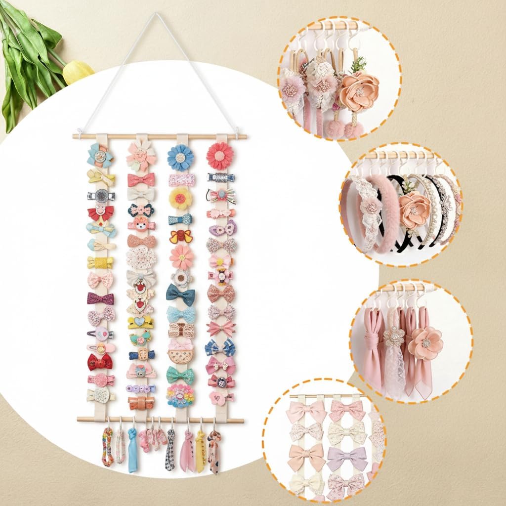 Headband Holder, Large Capacity Hair Bows Organizer with 8 Hooks, Beige Headband Hair Accessories Display Storage Wall Hanging Decor for Toddler Kids Baby Girl Nursery Room Decor