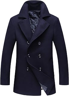 Men's Classic Notched Collar Double Breasted Wool Blend Pea Coat - Buy now