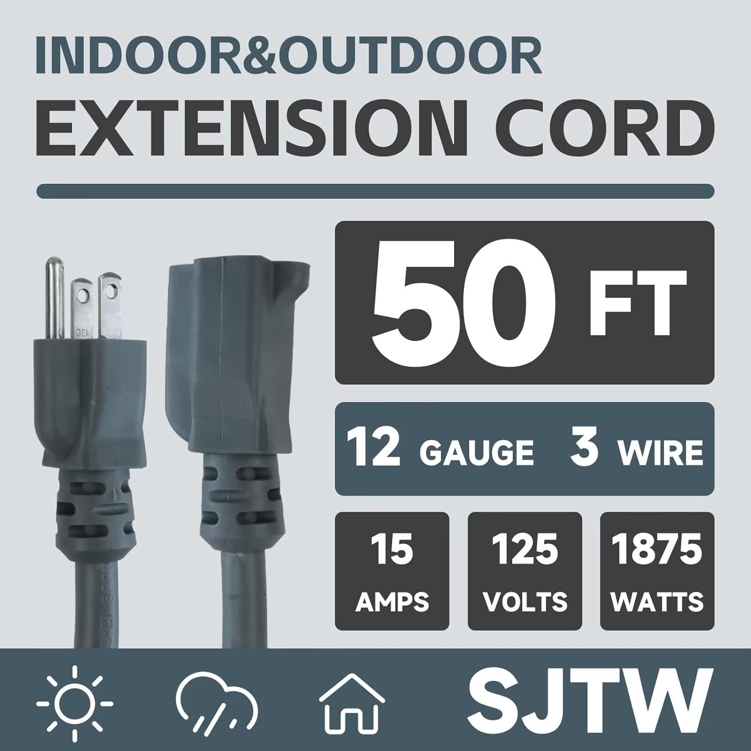 12 Gauge Heavy Duty Outdoor Extension Cord 50 Ft, Flexible Cold Resistant 3 Prong Grounded Plug Outside Extension Cable, SJTW, 15A 125V 1875W, Gray, ETL Listed