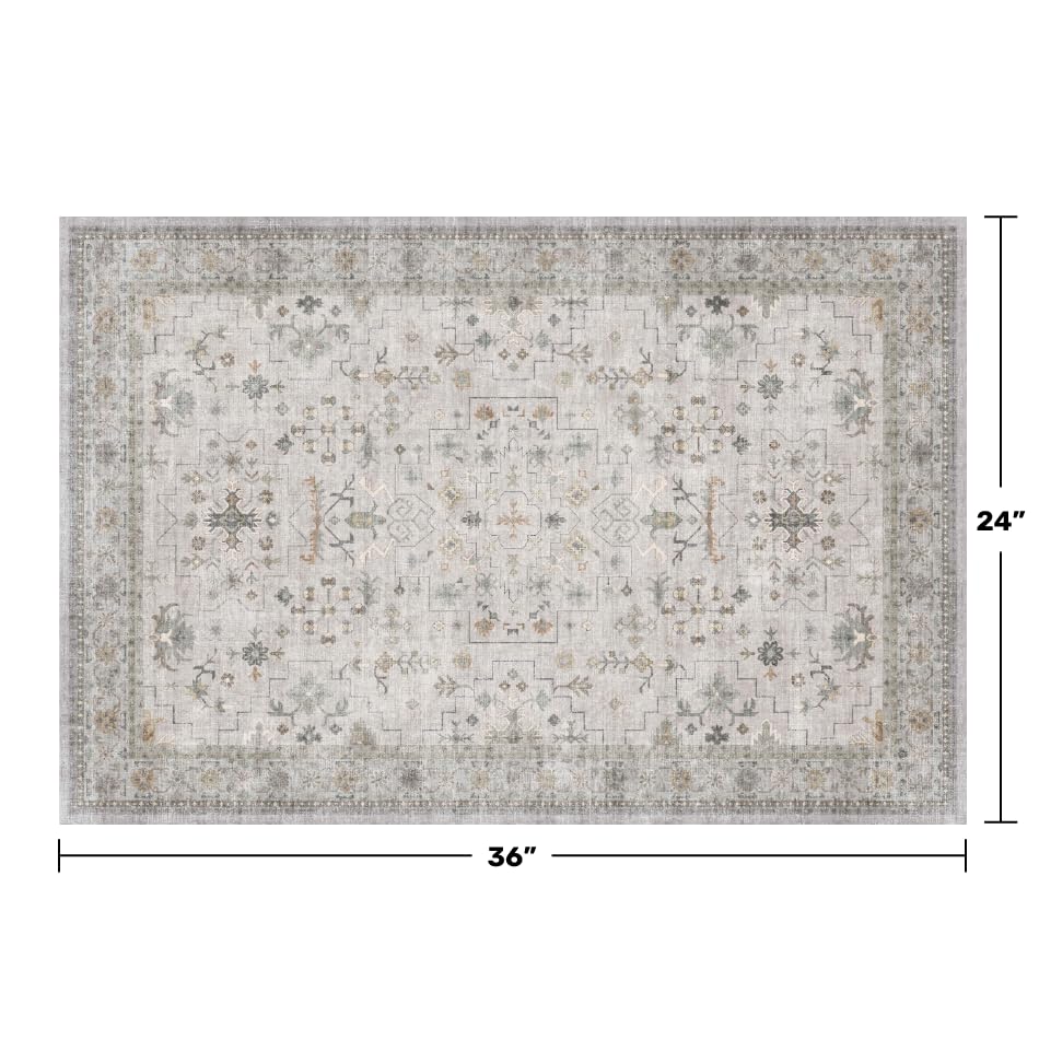 Image of Washable 2x3 Throw Rugs for Entryway, Front Door Mat, Low Pile Non-Slip Small Area Rugs for Kitchen, Bathroom, Powder Room, Mudroom, Neutral Light Gray & Sage with Floral Accent
