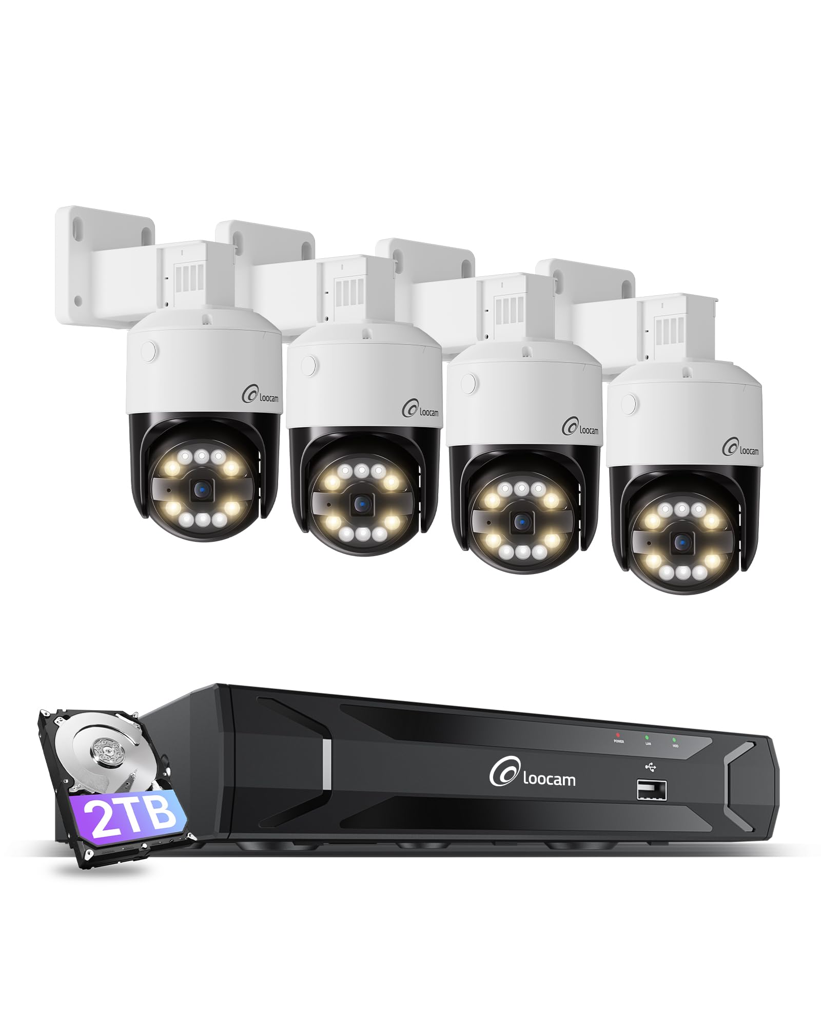 Loocam 4K PoE NVR Security Camera System, 4pcs Pan & Tilt Wired PoE IP Cameras Set for Indoor Outdoor, AI Person/Pet/Vehicle Detection, Color Night