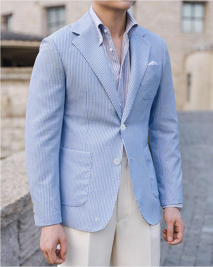 Leisure Seersucker Men Summer Suits Jacket Blue Formal Regular Fit Blazer Breathable Outfit3