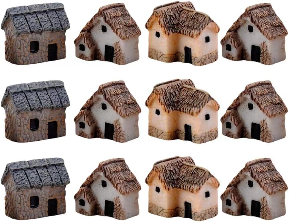 MHFOOU 12-Piece Miniature Fairy Garden Stone Houses - Resin Moss Cottages for DIY Terrariums, Bonsai & Outdoor Decor