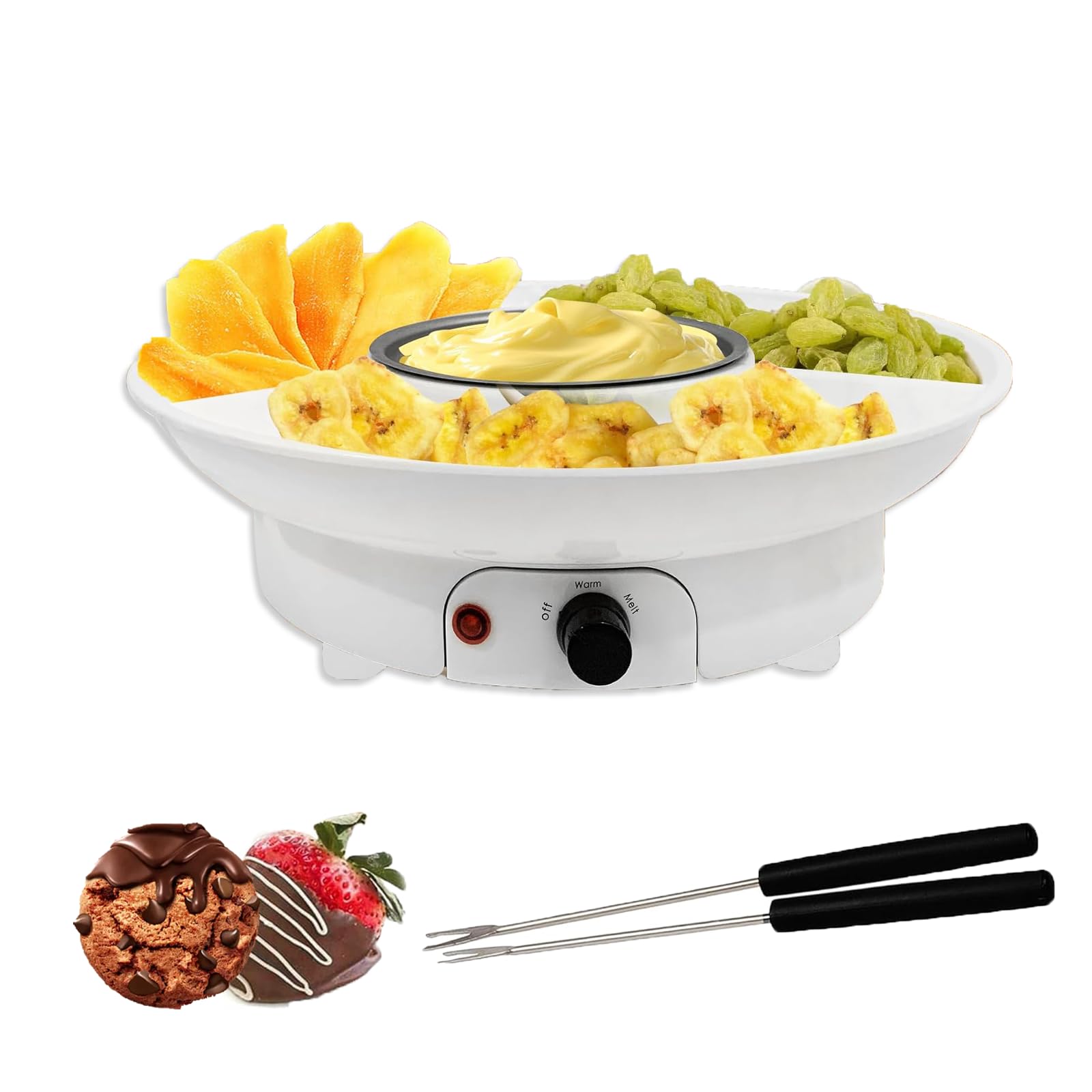 SPNOR Electric Fondue Pot Set - Chocolate Fondue Kit - Temperature Control, Detachable Serving Trays, & 2 Roasting Forks - Gift Set & Date Night Idea. Serve at Movie Night or Game Night.