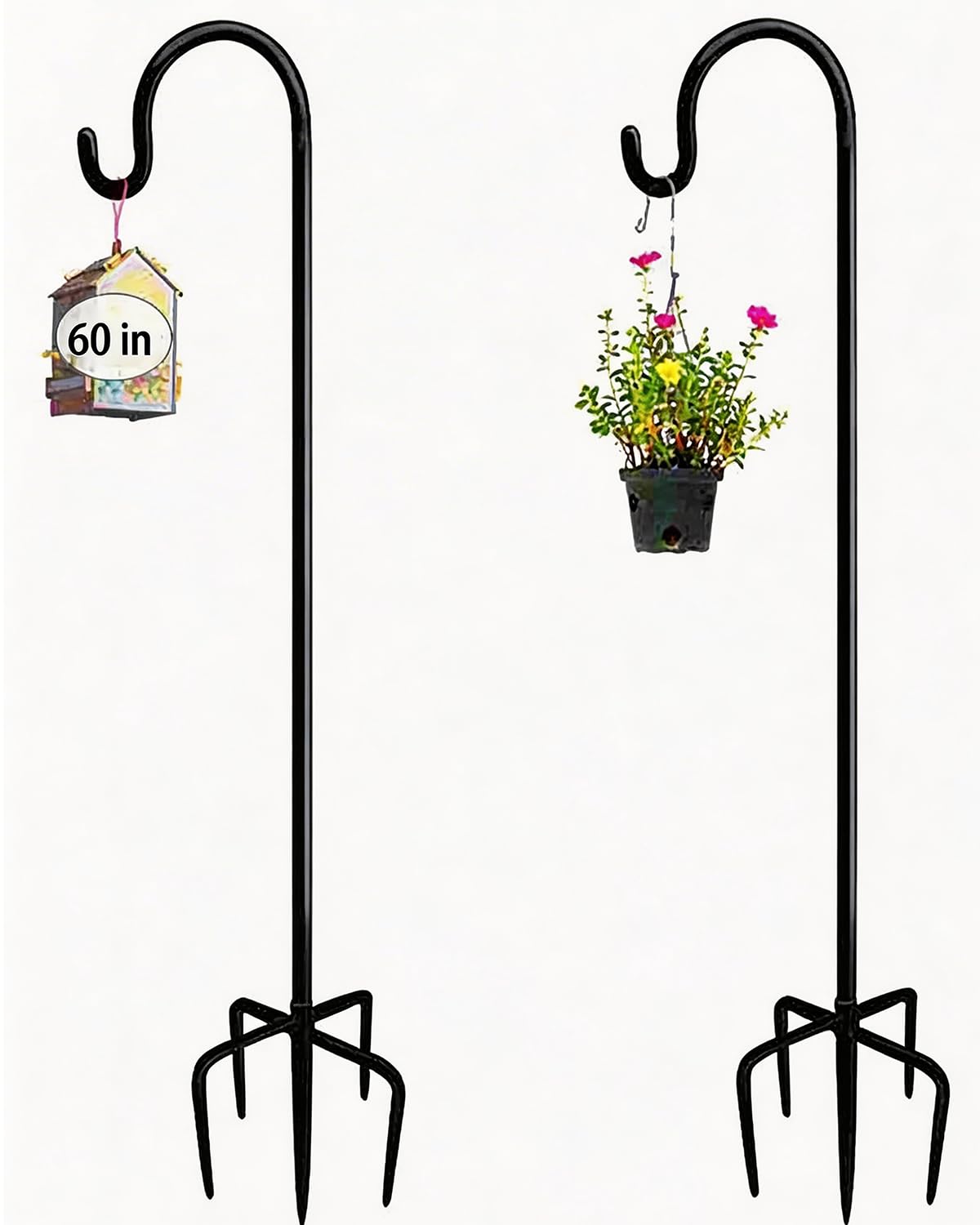 Shepherds Crook Hooks, 2PCS 152cm Adjustable Height Shepherds Hooks with 5 Prong Base, Metal Border Hook for Garden Lights, Lanterns, Plant Baskets, 3 Section Stitching