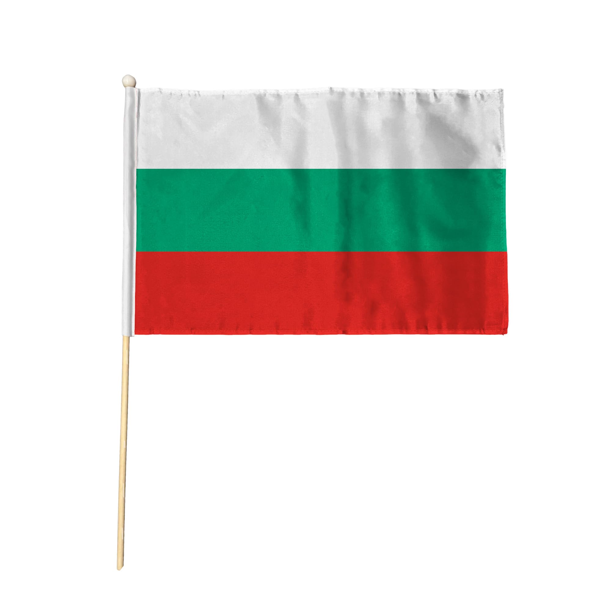 Flagtex Bulgaria Pack of 2 Hand Waving Flag (18x12 Inch Large) - Premium Wooden Stick Hand Flag Big Size Natural Wood Pole European White Green Red Horizontal Stripes Flag Events — image 1