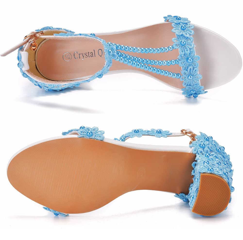 Donne Sandali con Tacco, Sexy Perline Ricamate da 7 cm Sandalo quadrate Sandalo Estate Scarpe da Sposa Scarpe Elementi,Sky Blue,38.5 EU