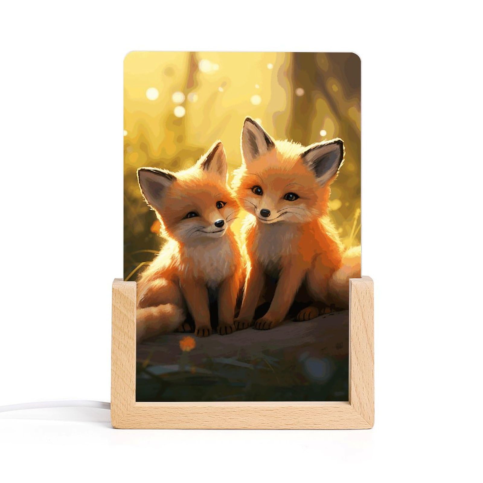 JTREHY Acrylic Night Light,Cute Foxes Printed Wooden Base LED Night Light Modern Home Decoration Light with USB Switch Cable for Bar Cafe Bedroom Room Decoration