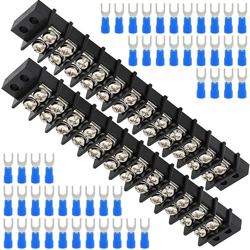 2PCS Terminal Block and Strip 12 Positions 450V 32A Dual Row Terminal Bus Bar Fork-Shape Connectors Brass Wire Screw Terminal Black