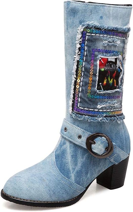 Tianrui Crown Women and Ladies Embroidery Denim Knee Boot Shoe (5 US, Light Blue)