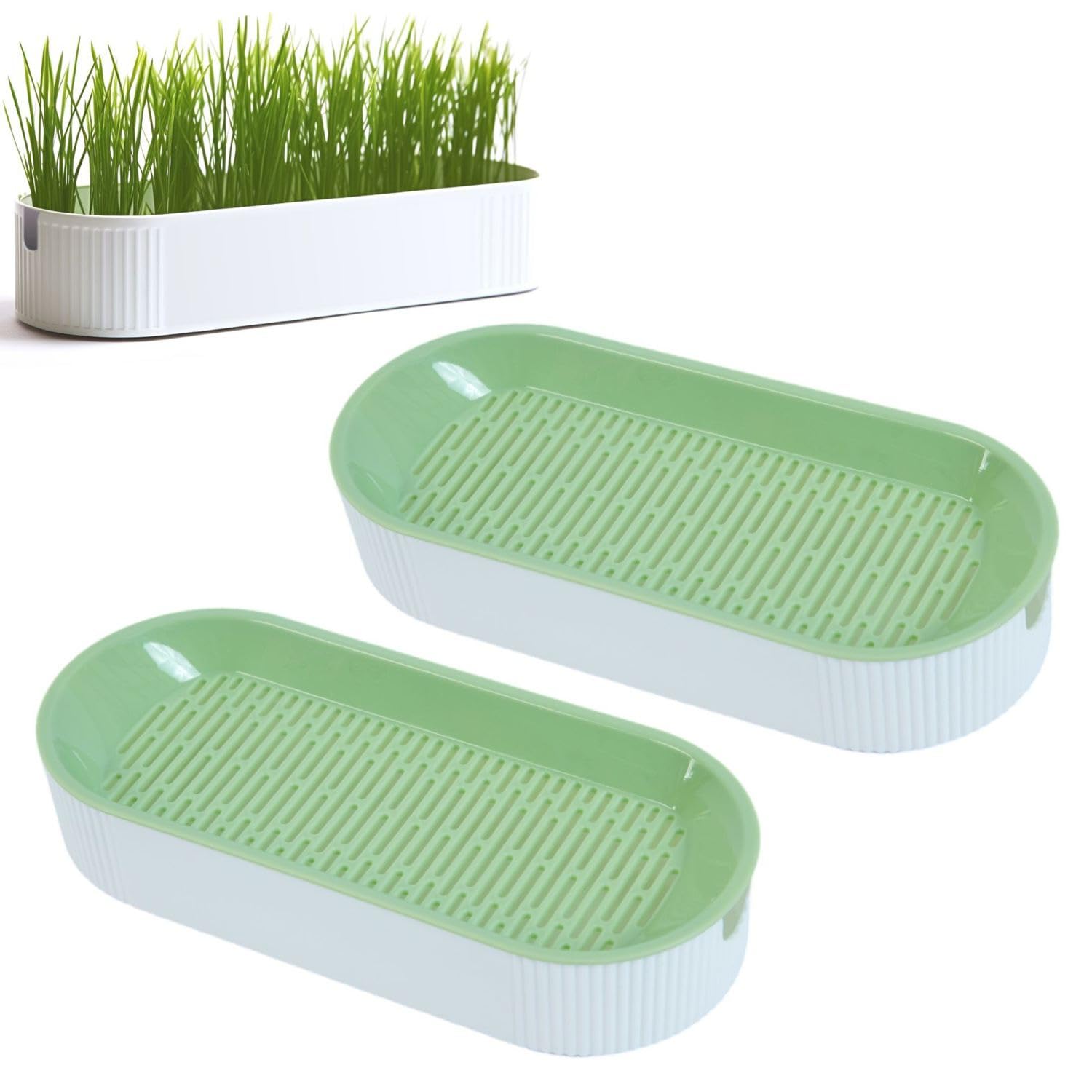 2個 猫草プランター 水耕栽培 栽培用の鉢 猫草プランター プラスチック 二重層デザイン 屋内外対応 通気性 多穴構造 無土栽培 屋内猫用猫草ボックス 便利なトレイ付き(グリーン)