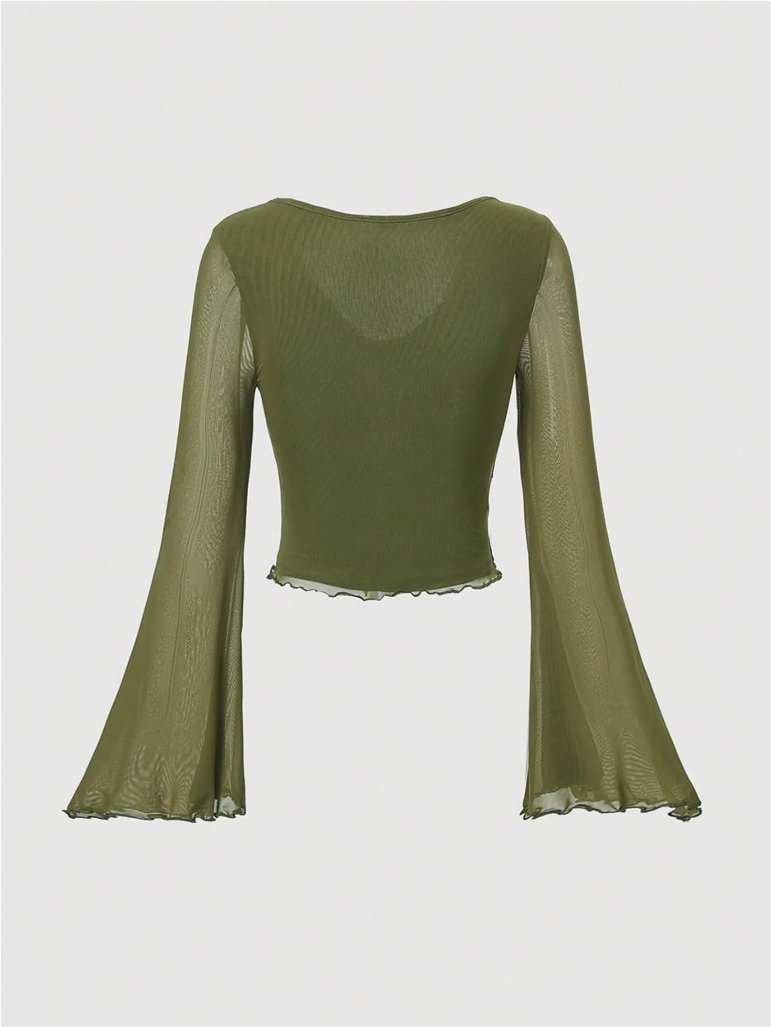 Women's Tie Front V Neck Sheer Mesh Tops Long Flounce Sleeve Asymmetrical Hem T Shirt - Image 2